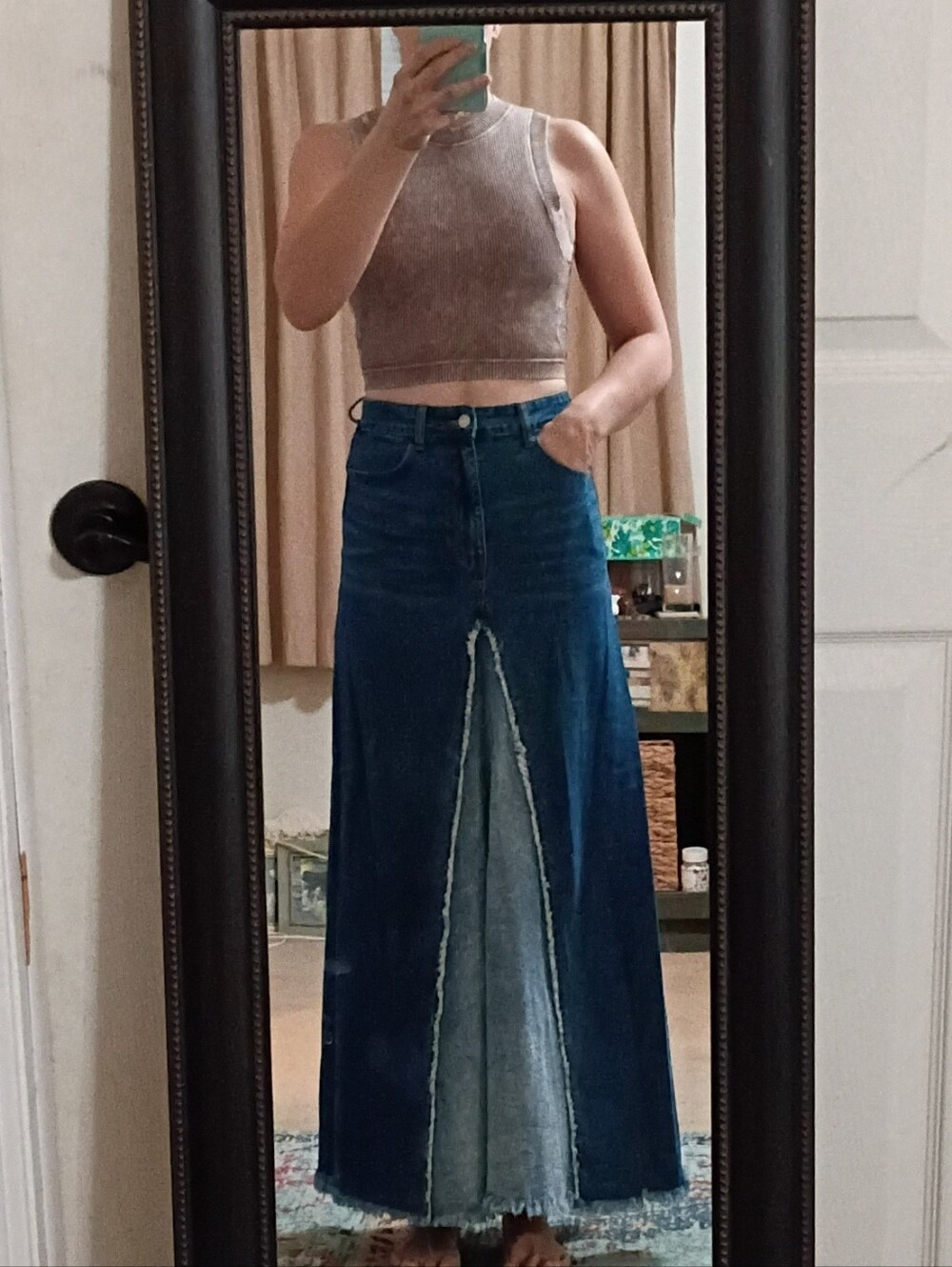 Dark Blue Denim A-Line Maxi Skirt with Front Inset